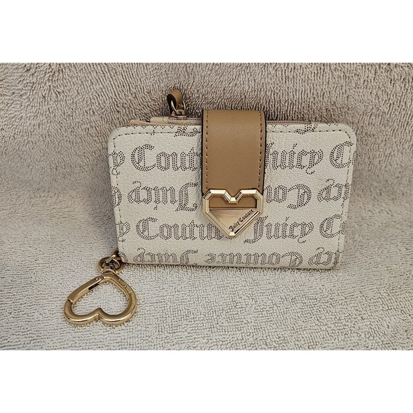 Juicy Couture White Gold Logo Wallet Card‎ Holder Gold Heart Keychain - Picture 1 of 14